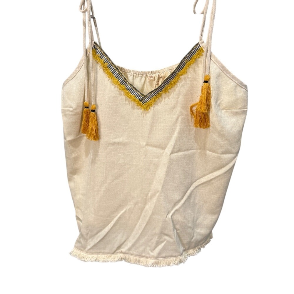 Hem & Thread Cream Boho Tassel Tie Strap Cami Top Fringe Trim Mustard Navy Med